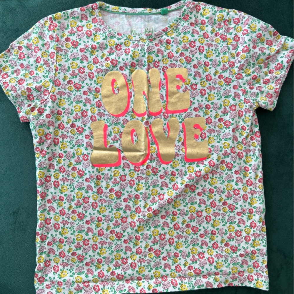 Mini Boden Floral Tee with Gold and Pink 'One Love' Design